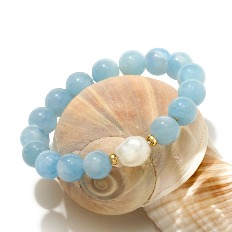 12-13mm Cultured Baroque Pearl and 140.00 ct. t.w. Aquamarine Bead Stretch Bracelet with 14kt Yellow Gold. Adjustable Size image number 3