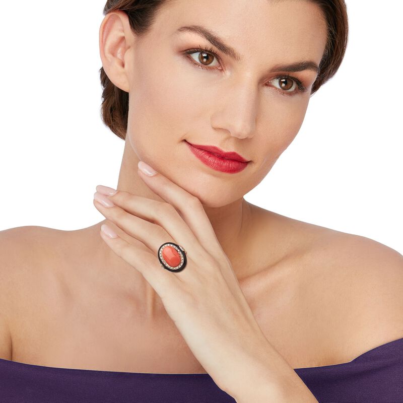 C. 1970 Vintage Pink Coral and .45 ct. t.w. Diamond Ring with Black Enamel in 14kt Gold. Size 6.75 image number 1