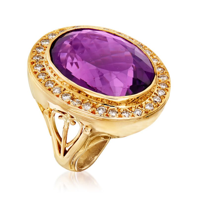 C. 1980 Vintage 29.50 Carat Amethyst and 1.05 ct. t.w. Diamond Ring in 18kt Yellow Gold image number 2