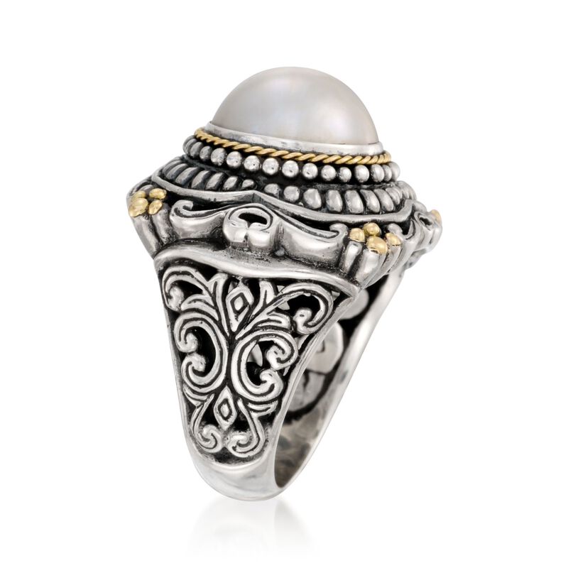 13mm Cultured Mabe Pearl Bali-Style Ring in Sterling Silver and 14kt Yellow Gold image number 2
