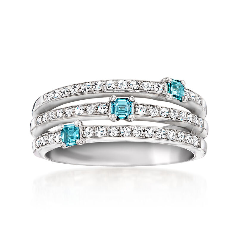 C. 1990 Vintage .50 ct. t.w. Diamond and .30 ct. t.w. Swiss Blue Topaz Three-Row Ring in 18kt White Gold. Size 7.25 image number 0