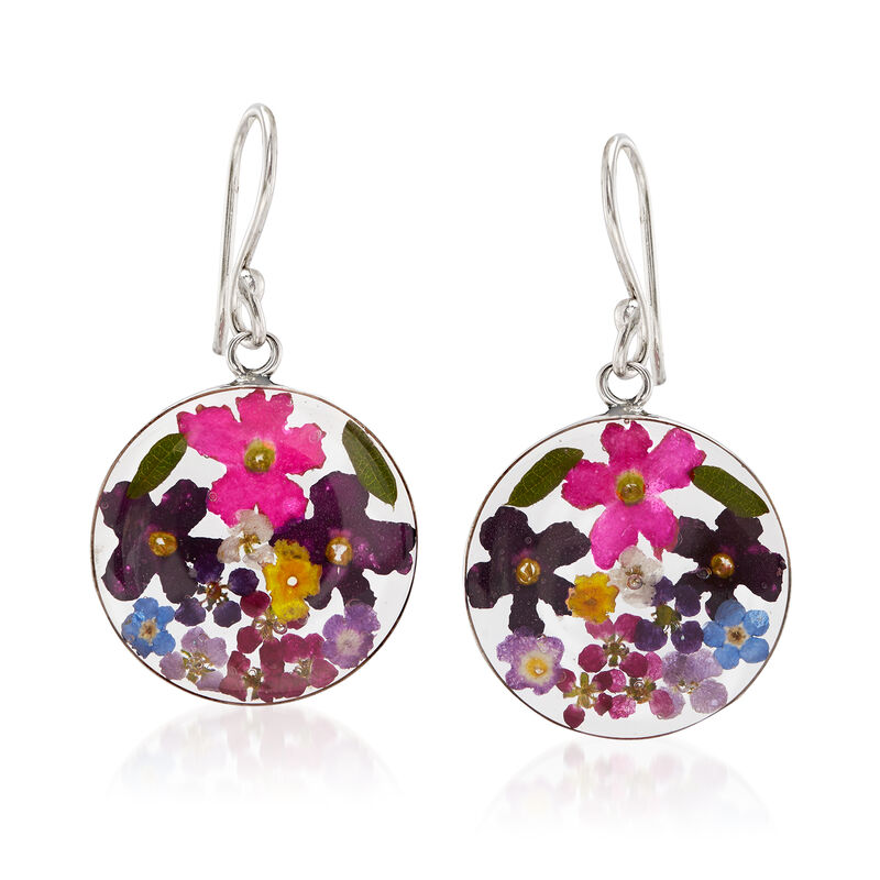 Dried Flower Round Drop Earrings in Sterling Silver image number 0
