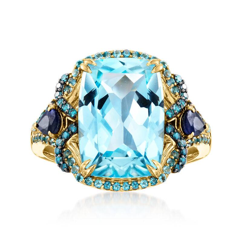 8.25 Carat Sky Blue Topaz and .50 ct. t.w. Sapphire Ring with .30 ct. t.w. London Blue Topaz and .13 ct. t.w. Blue Diamonds in 14kt Yellow Gold image number 0