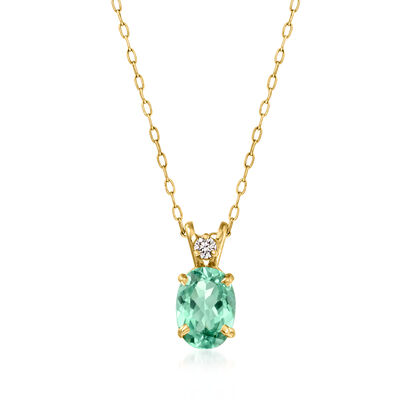 C. 1980 Vintage .70 Carat Green Tourmaline Pendant Necklace with Single Diamond in 14kt Yellow Gold