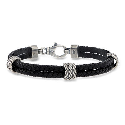 Phillip Gavriel Men's Black Leather Station Bracelet with Sterling Silver