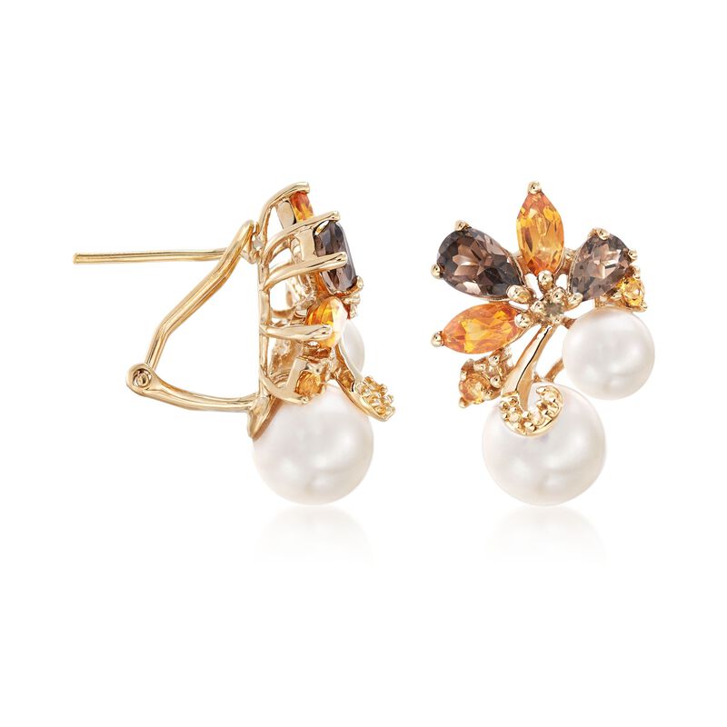 6-8.5mm Cultured Pearl and 2.30 ct. t.w. Multi-Stone Cluster Drop Earrings in 18kt Gold Over Sterling image number 2