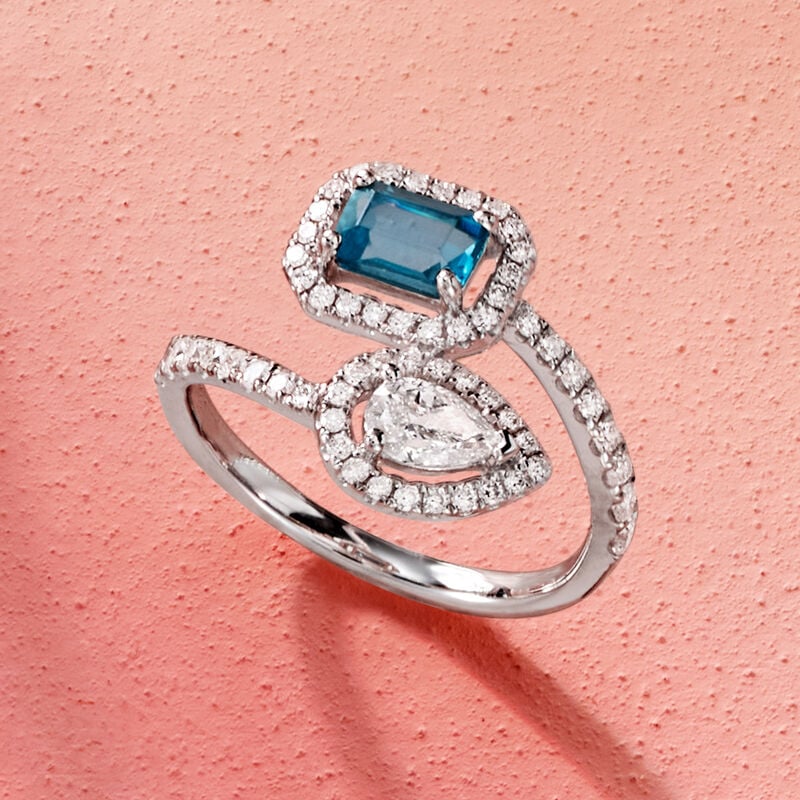 .50 Carat London Blue Topaz and .73 ct. t.w. Lab-Grown Diamond Bypass Ring in Sterling Silver image number 5