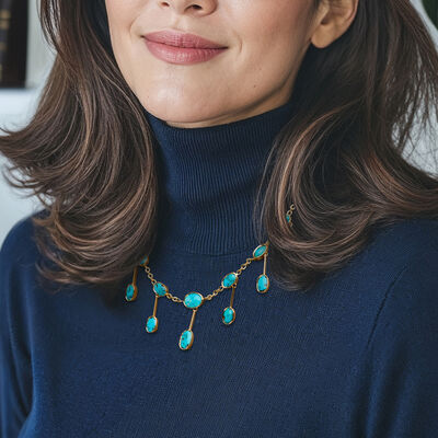 C. 1980 Vintage Turquoise Drop Necklace in 18kt Yellow Gold