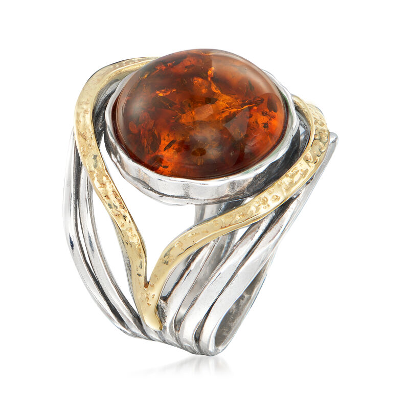 Amber Ring in Sterling Silver and 14kt Yellow Gold image number 2