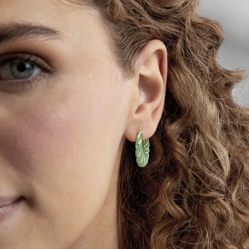 Carved Jade Hoop Earrings with 14kt Yellow Gold. 1 1/8" image number 1