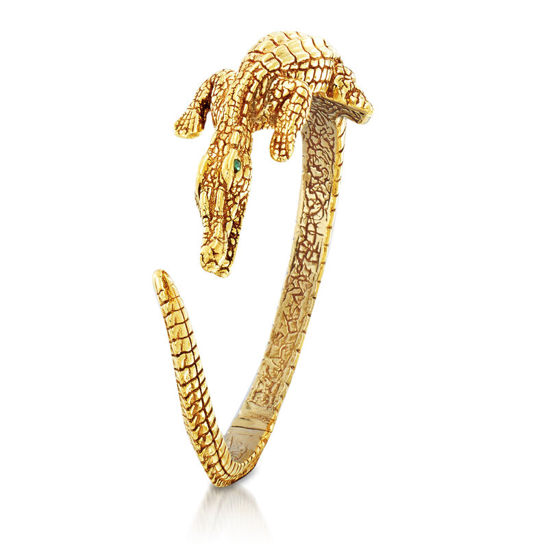 Italian 18kt Gold Over Sterling Alligator Bypass Bangle Bracelet with Emerald Accents image number 2