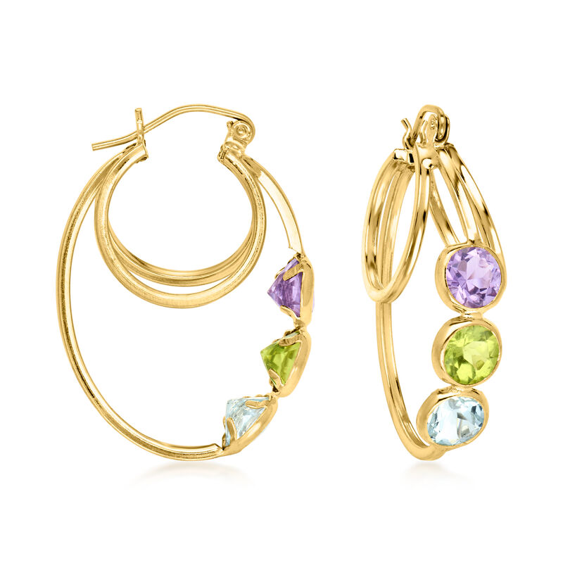 C. 2000 Vintage 4.80 ct. t.w. Multi-Gemstone Hoop Earrings in 14kt Yellow Gold. 1 5/6" image number 0