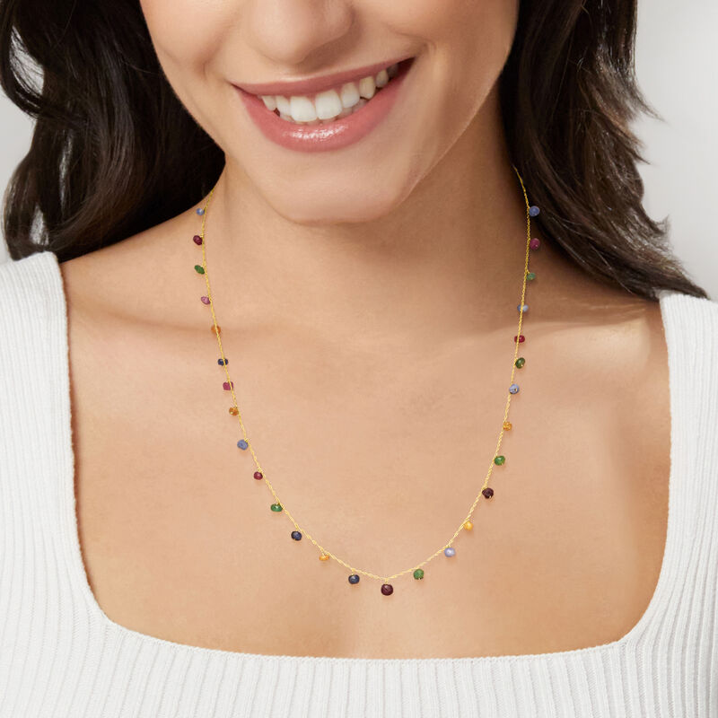 4.80 ct. t.w. Multicolored Sapphire and 1.50 ct. t.w. Ruby Bead Station Necklace in 10kt Yellow Gold. 20" image number 0