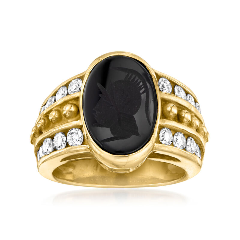 C. 1980 Vintage Black Onyx Centurion Head Ring with 1.00 ct. t.w. Diamonds in 18kt Yellow Gold. Size 6.5 image number 0
