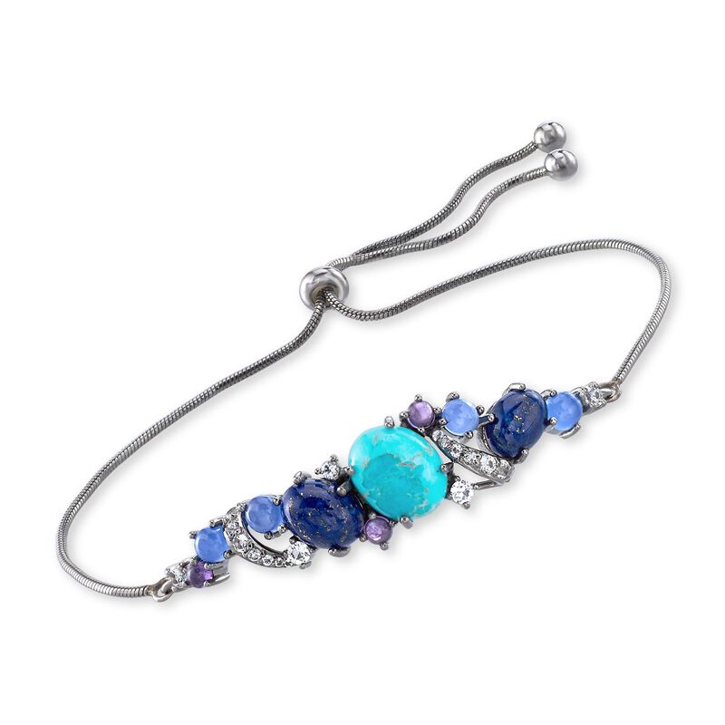 Turquoise and Lapis Bolo Bracelet with .90 ct. t.w. Multi-Stones in Sterling Silver image number 0