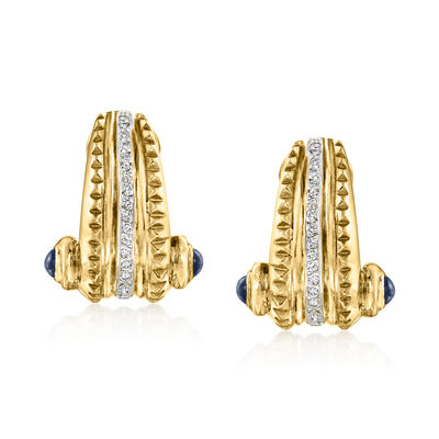 C. 1980 Vintage 1.50 ct. t.w. Sapphire and .55 ct. t.w. Diamond Scroll Earrings in 18kt Yellow Gold