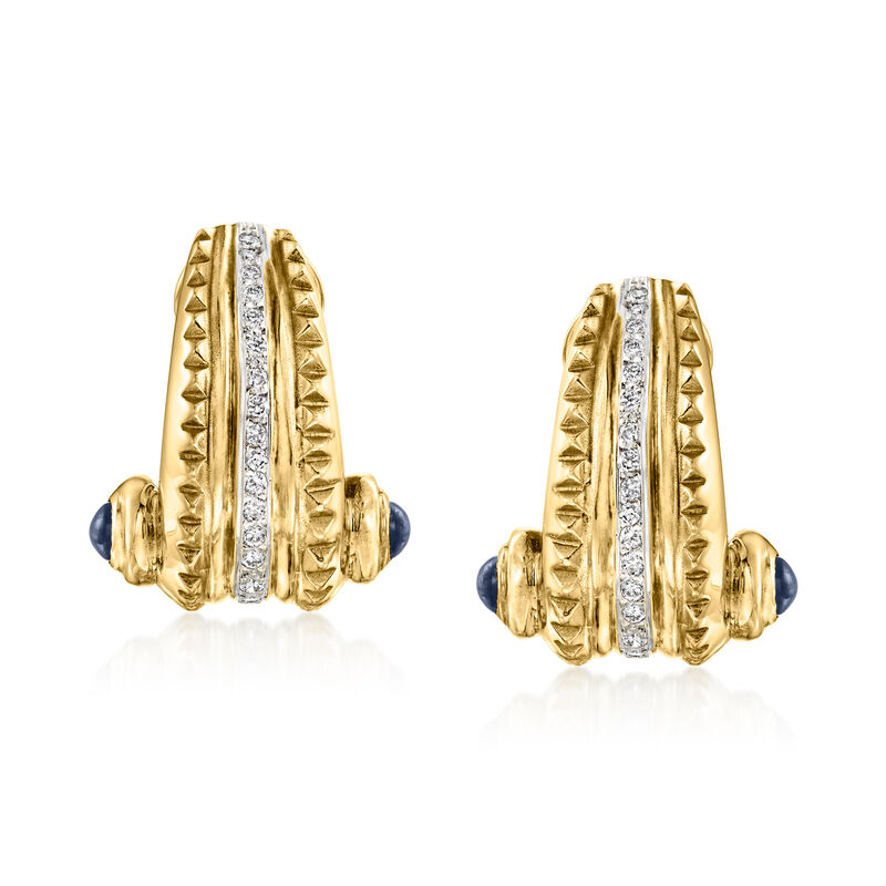 C. 1980 Vintage 1.50 ct. t.w. Sapphire and .55 ct. t.w. Diamond Scroll Earrings in 18kt Yellow Gold image number 0
