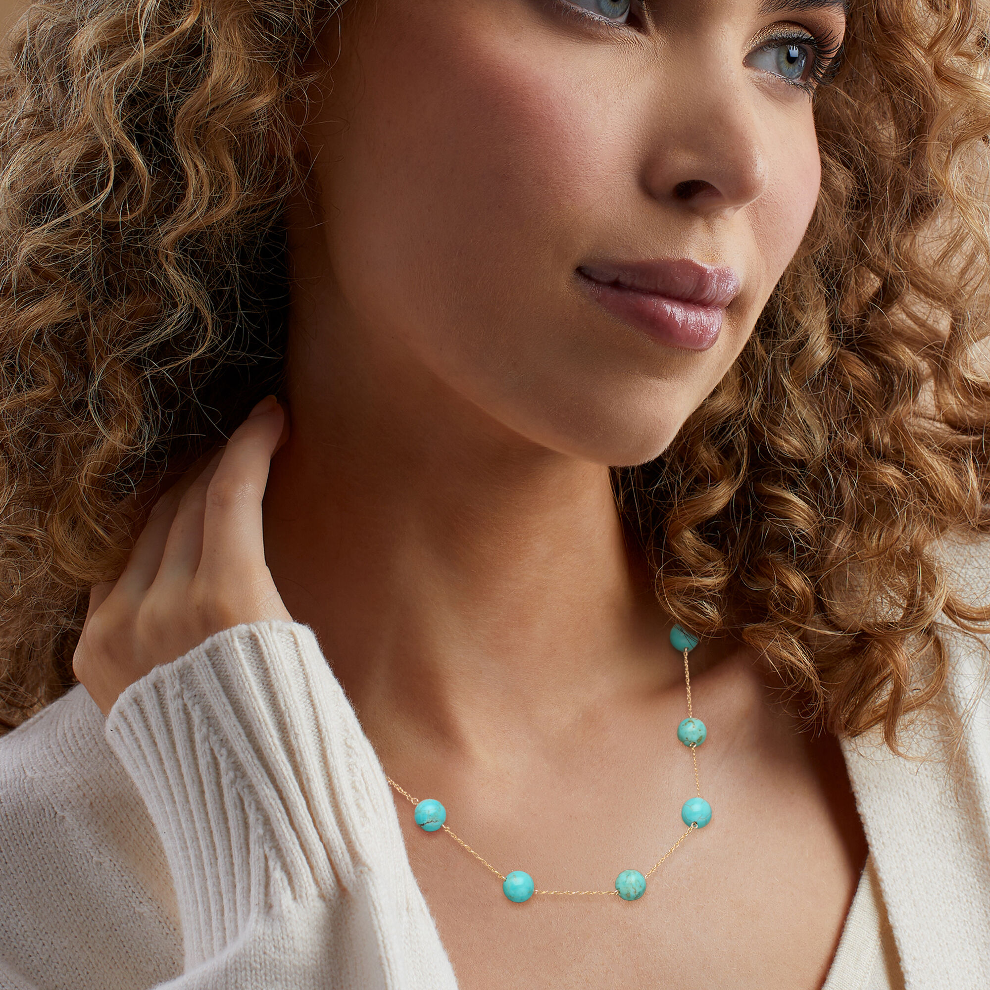 8mm Turquoise Bead Station Necklace in 14kt Yellow Gold. 18&quot