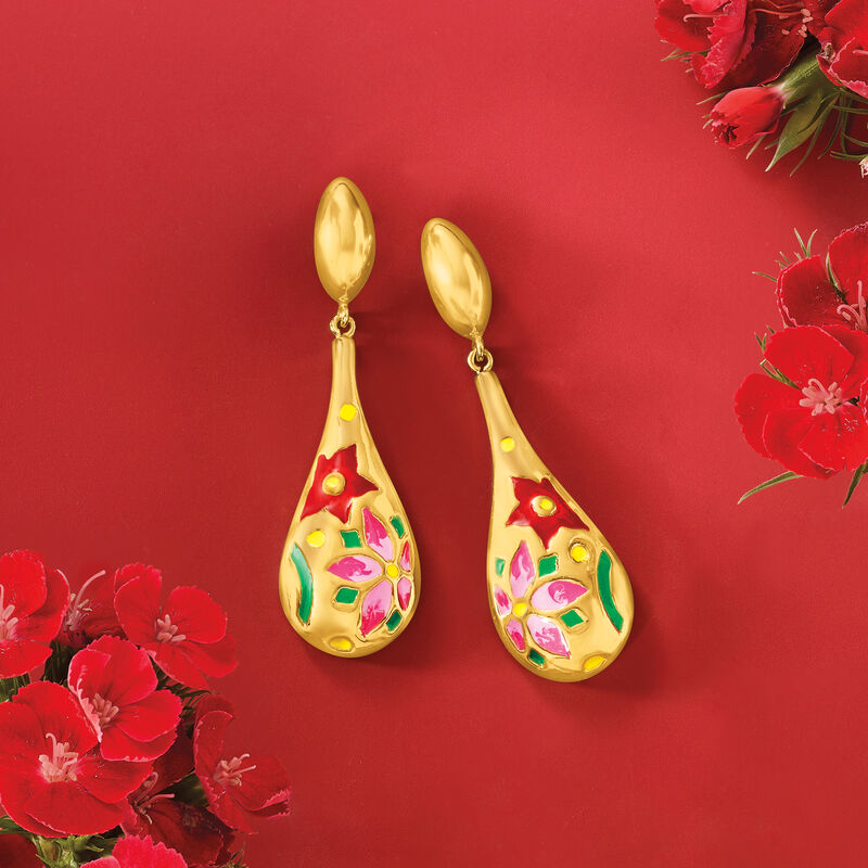 Italian Multicolored Enamel Flower Drop Earrings in 18kt Gold Over Sterling  image number 2