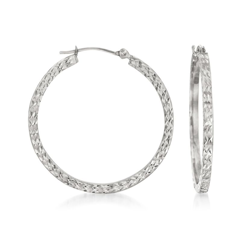 30mm 14kt White Gold Diamond-Cut Hoop Earrings  image number 0