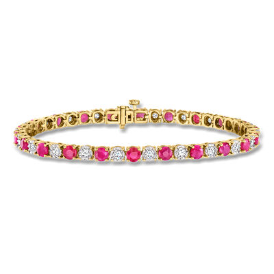 5.75 ct. t.w. Ruby and 1.00 ct. t.w. Diamond Tennis Bracelet in 18kt Gold Over Sterling