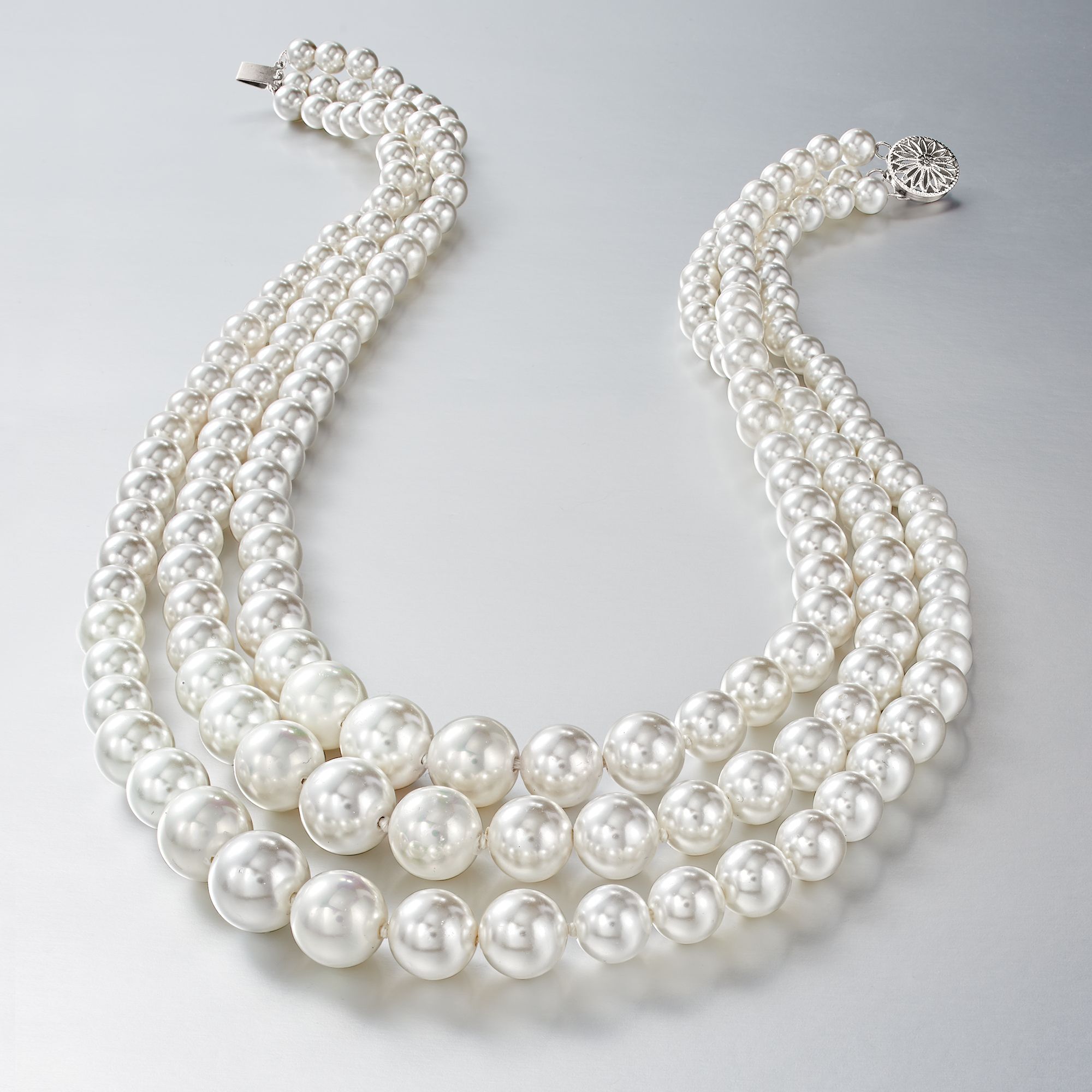 6-12mm Shell Pearl Graduated Three-Strand Necklace with Sterling
