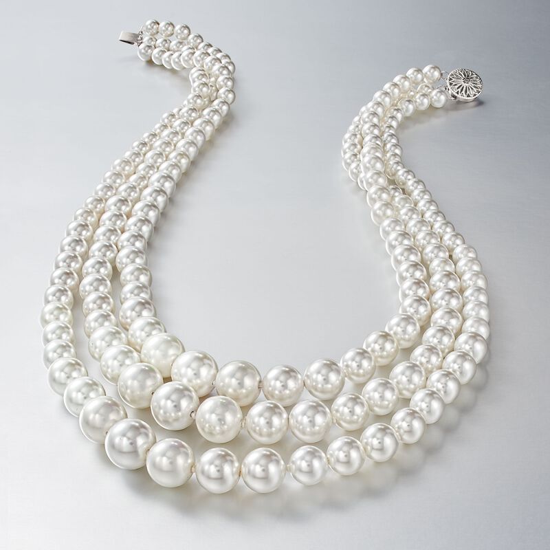6-12mm Shell Pearl Graduated Three-Strand Necklace with Sterling Silver. 18&quot; image number 2