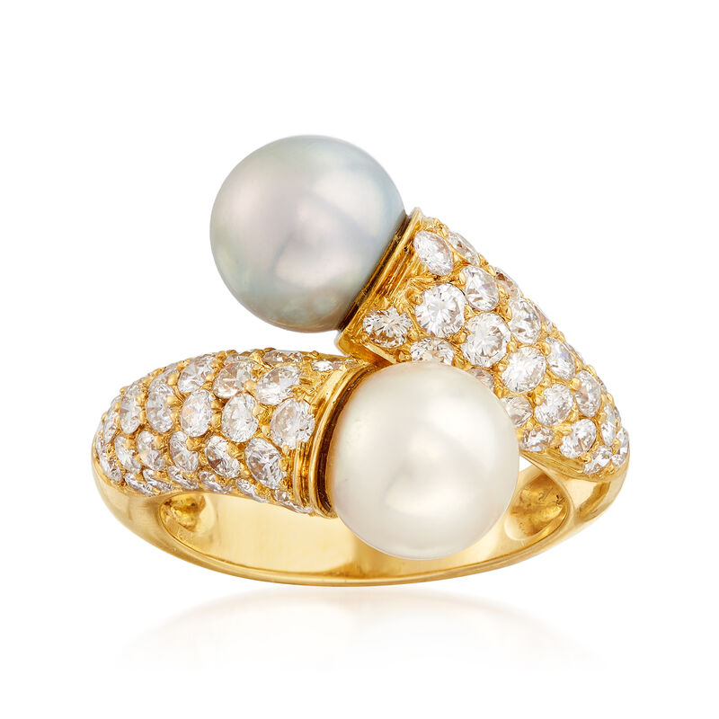 C. 1980 Vintage Van Cleef 8mm White and Black Cultured Pearl and 1.62 ct. t.w. Diamond Bypass Ring in 18kt Yellow Gold. Size 6 image number 0