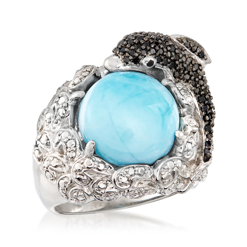 Larimar, .60 ct. t.w. White Topaz and .50 ct. t.w. Black Spinel Dolphin Ring in Sterling Silver image number 3