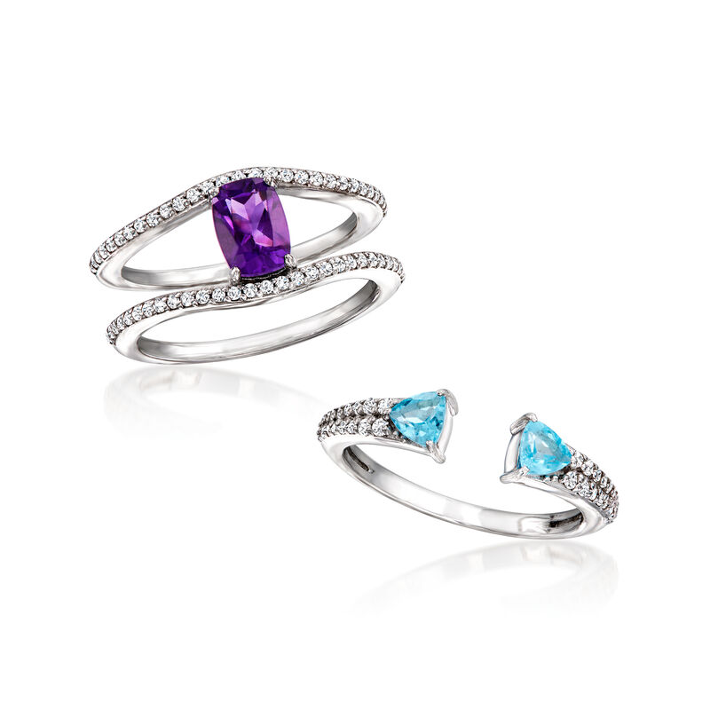 .80 Carat Amethyst, .50 ct. t.w. Swiss Blue Topaz and .50 ct. t.w. White Topaz Jewelry Set: Ring and Ring Guard in Sterling Silver image number 7