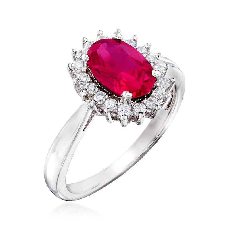 2.20 Carat Simulated Ruby and .20 ct. t.w. CZ Halo Ring in Sterling Silver image number 2