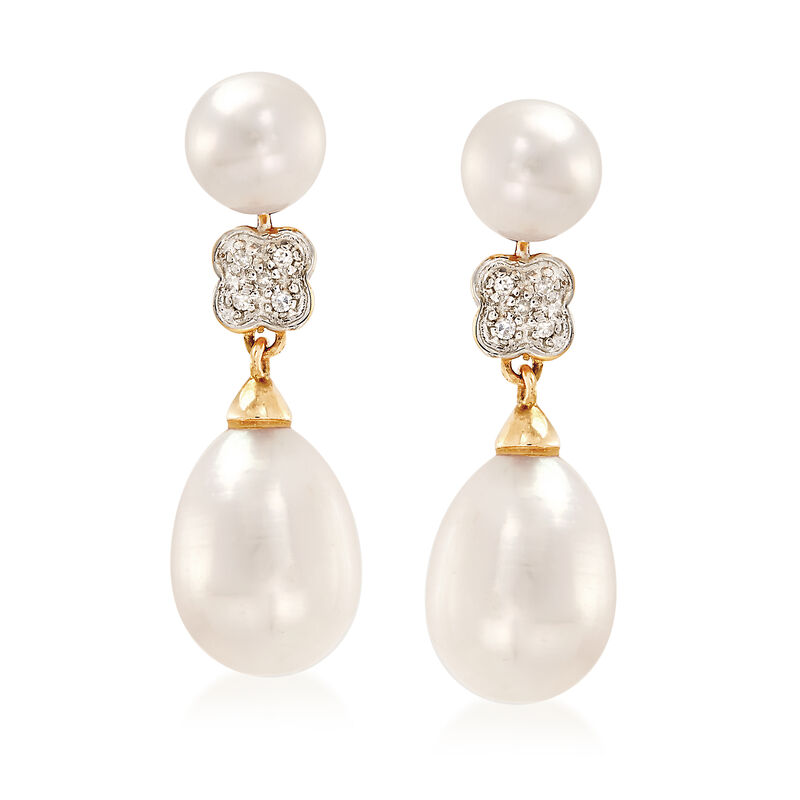 6-6.5mm and 8.5-9mm Cultured Pearl Drop Earrings with Diamond Accents in 14kt Yellow Gold image number 0