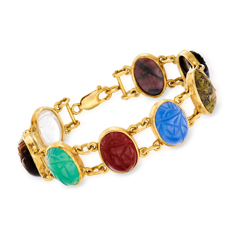 C. 1960 Vintage Multi-Gemstone Scarab Bracelet in 14kt Yellow Gold image number 0