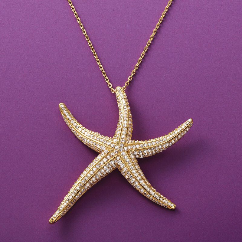 1.50 ct. t.w. Pave CZ Starfish Pendant Necklace in 14kt Gold Over Sterling. 18&quot; image number 2