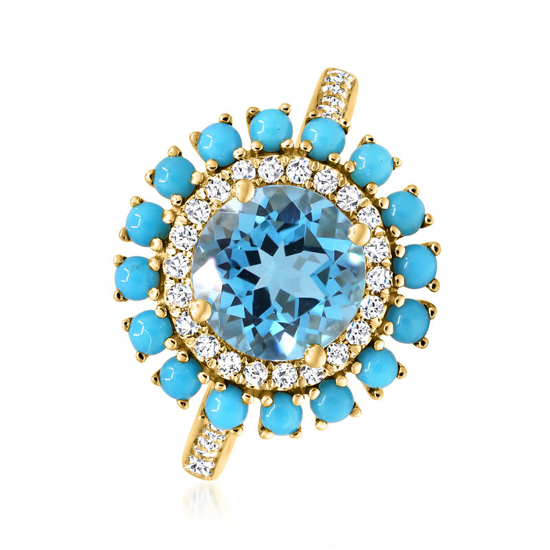 2.10 Carat Swiss Blue Topaz and .25 ct. t.w. Diamond Ring with Turquoise in 14kt Yellow Gold image number 1
