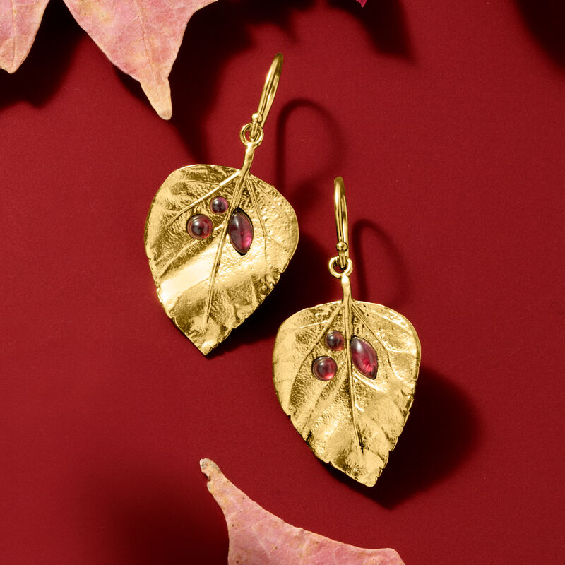 1.40 ct. t.w. Garnet Leaf Drop Earrings in 18kt Gold Over Sterling image number 4