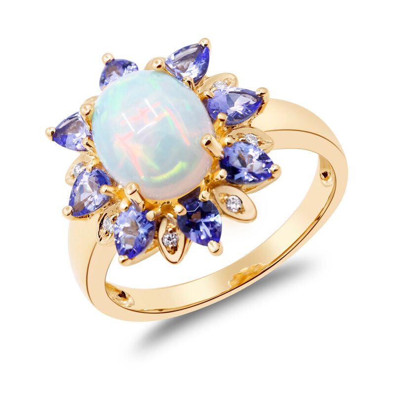 Ethiopian Opal Ring with 1.30 ct. t.w. Tanzanite and Diamond Accents in 14kt Yellow Gold image number 1