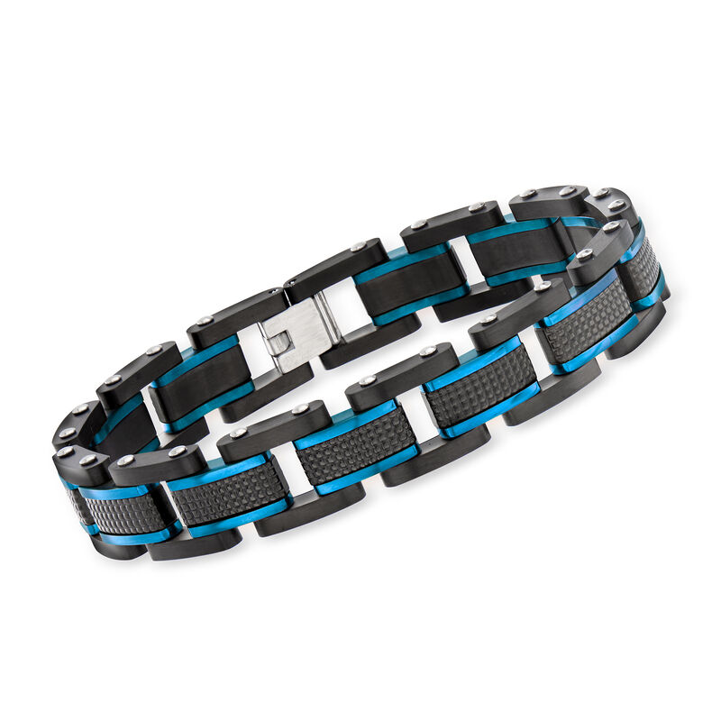 Men's Black and Blue Stainless Steel Link Bracelet image number 0