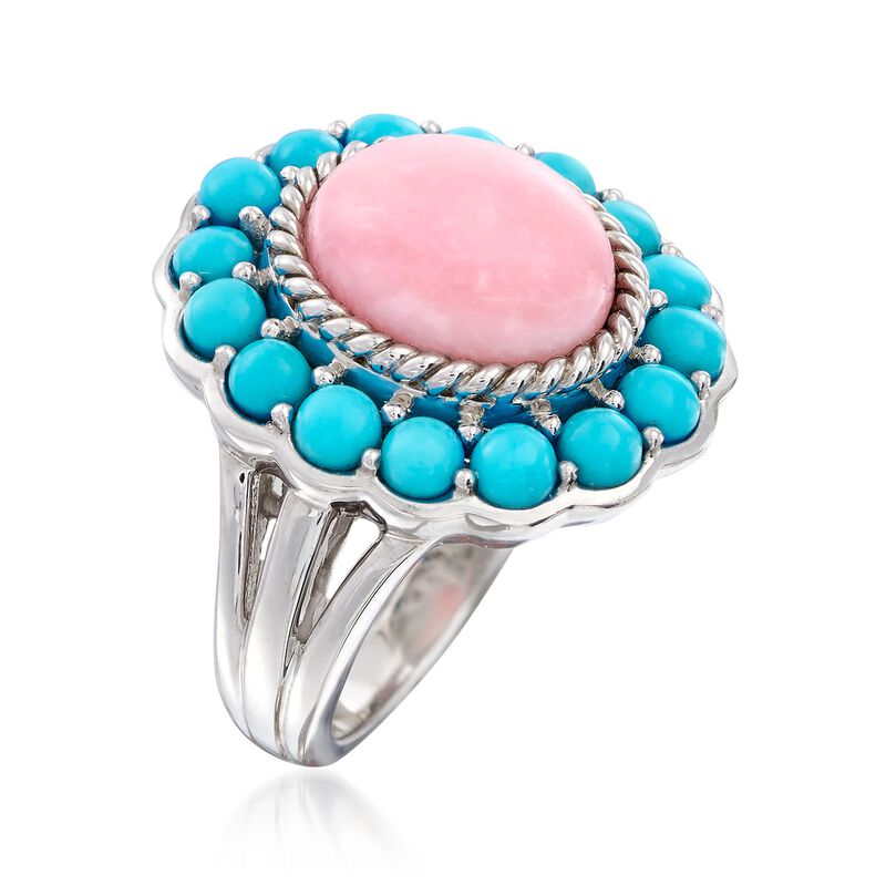 Pink Opal and Sleeping Beauty Turquoise Ring in Sterling Silver image number 2