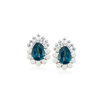 1.70 ct. t.w. London Blue Topaz and 2mm Cultured Pearl Earrings with .30 ct. t.w. White Topaz in Sterling Silver