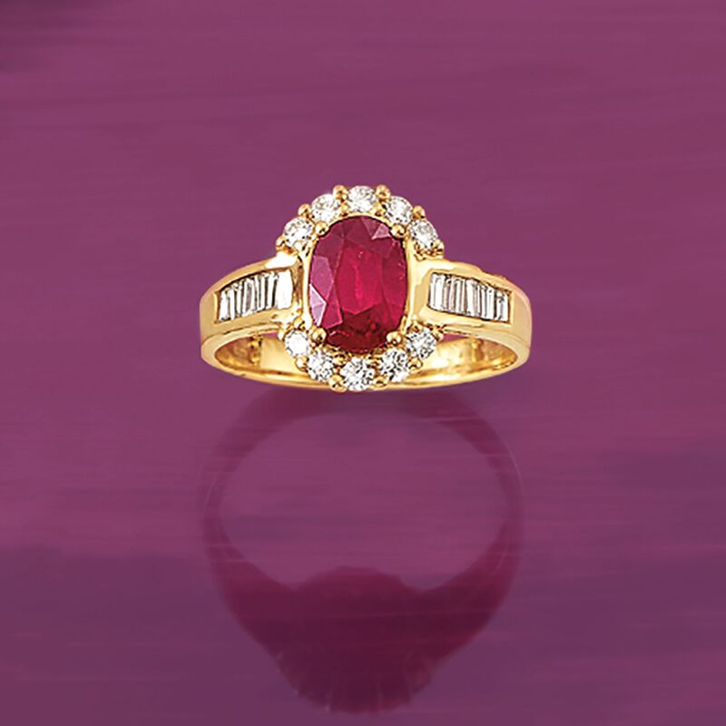 1.50 Carat Ruby and .65 ct. t.w. Diamond Halo Ring in 14kt Yellow Gold image number 3