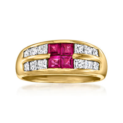 C. 1980 Vintage .94 ct. t.w. Diamond and .86 ct. t.w. Ruby Two-Row Ring in 18kt Yellow Gold