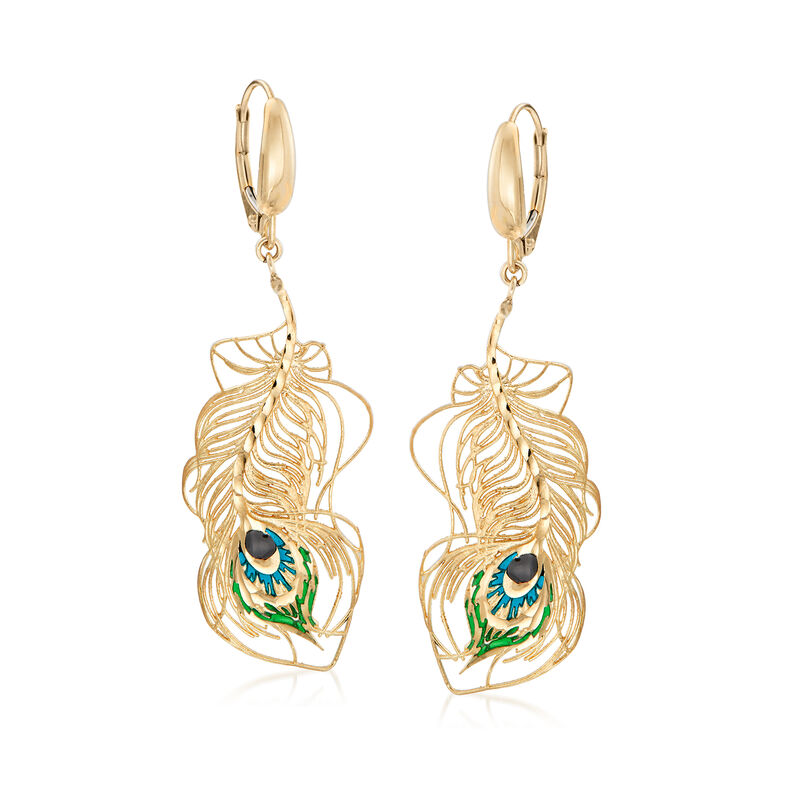 Italian Multicolored Enamel Peacock Feather Drop Earrings in 14kt Yellow Gold image number 0