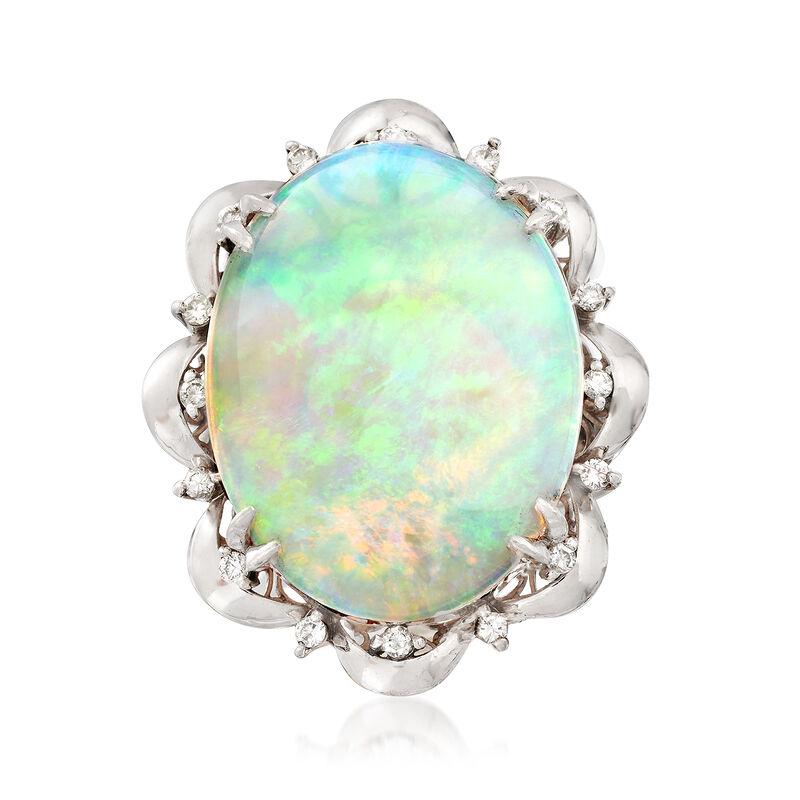 C. 1960 Vintage Opal Cabochon and .27 ct. t.w. Diamond Scallop Ring in Platinum image number 0