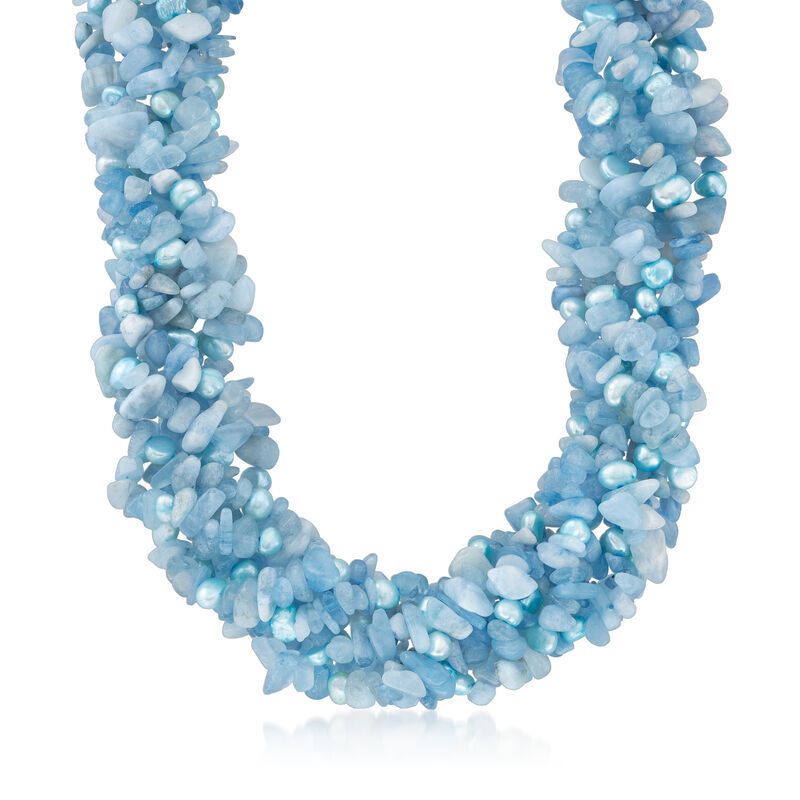 5-6mm Blue Cultured Pearl and 850.00 ct. t.w. Aquamarine Bead Torsade Necklace with Sterling Silver. 18&quot; image number 1