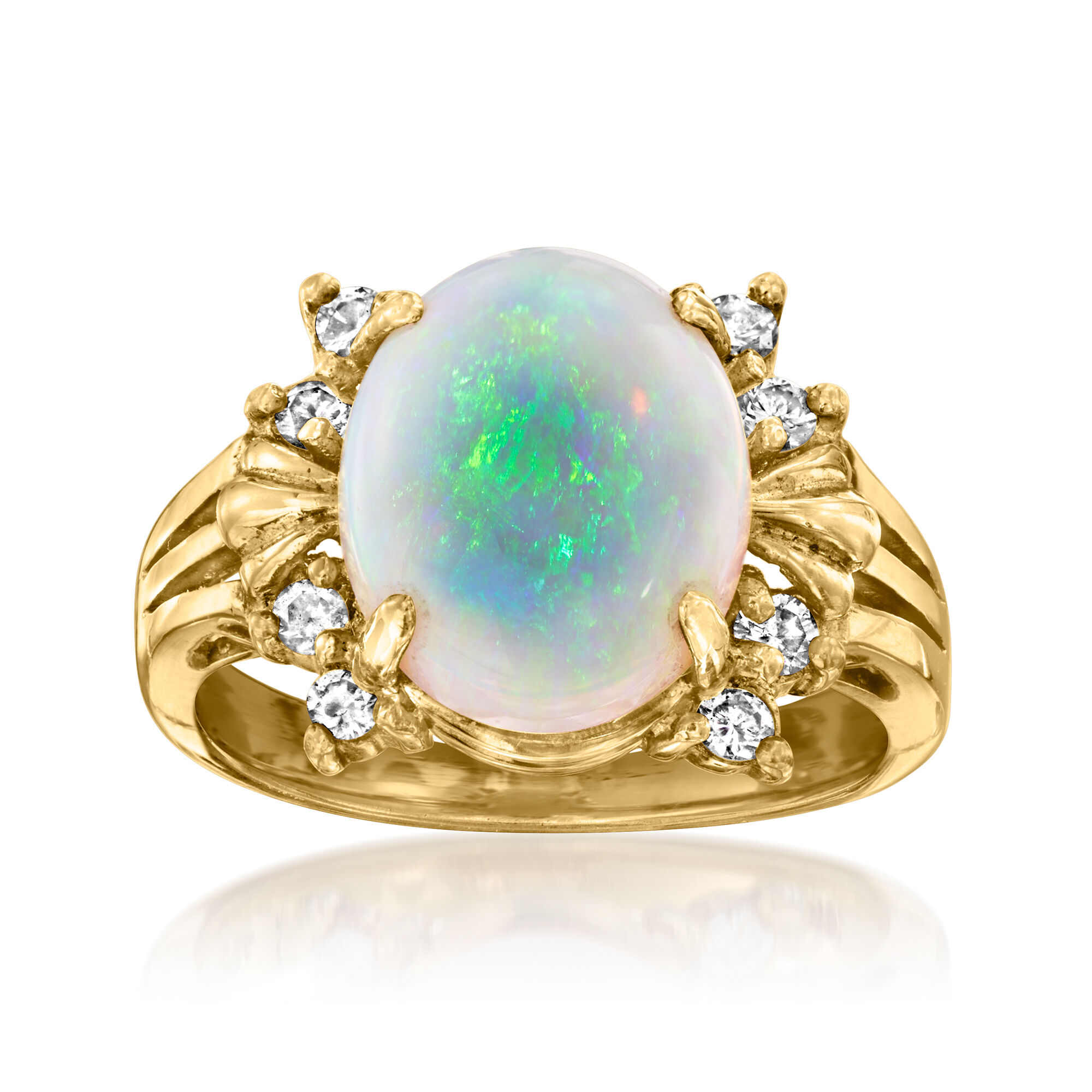 C. 1980 Vintage Opal and .30 ct. t.w. Diamond Ring in 18kt Yellow