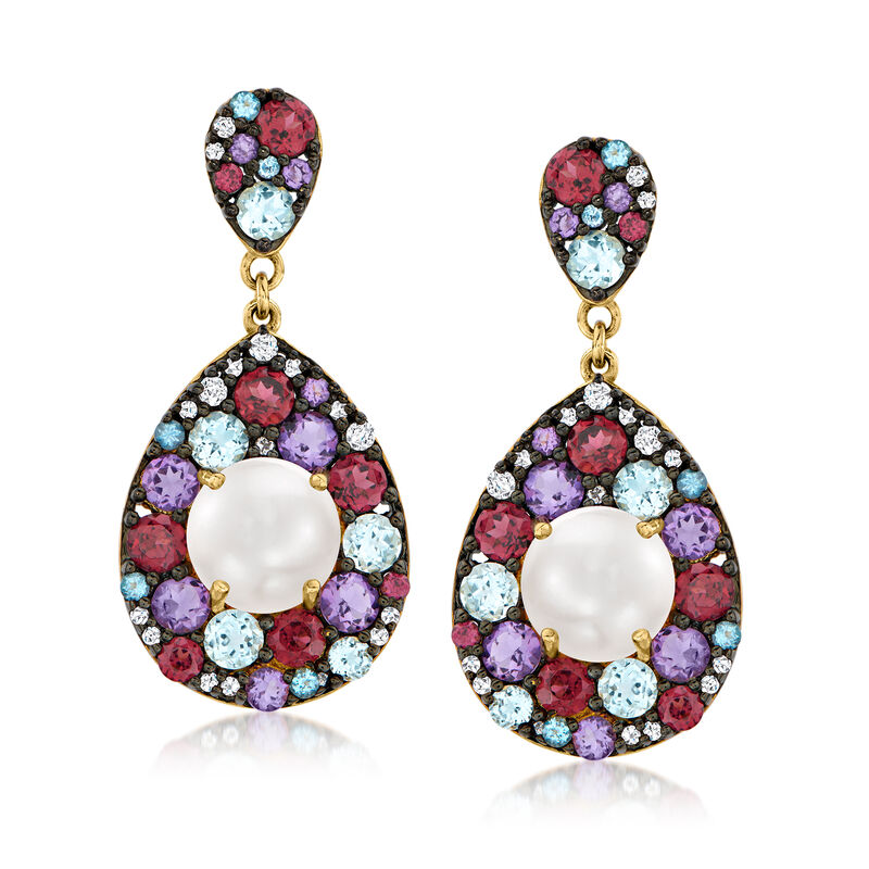 10-10.5mm Cultured Pearl and 10.00 ct. t.w. Multi-Gemstone Drop Earrings in 18kt Gold Over Sterling image number 0