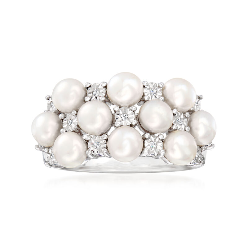 4mm Cultured Pearl Ring with Diamonds in Sterling Silver image number 0
