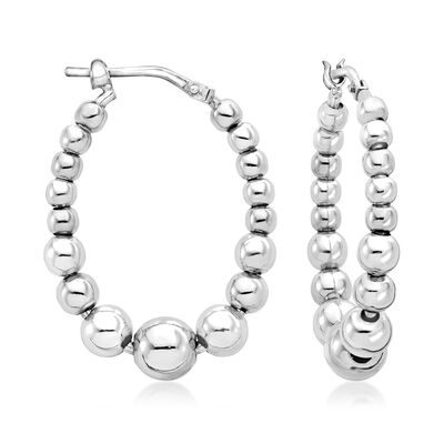 Italian 3-6mm Sterling Silver Bead Oval Hoop Earrings