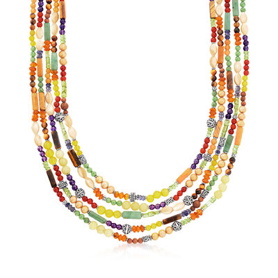 33.65 ct. t.w. Multi-Gemstone Multi-Strand Bead Necklace in Sterling Silver